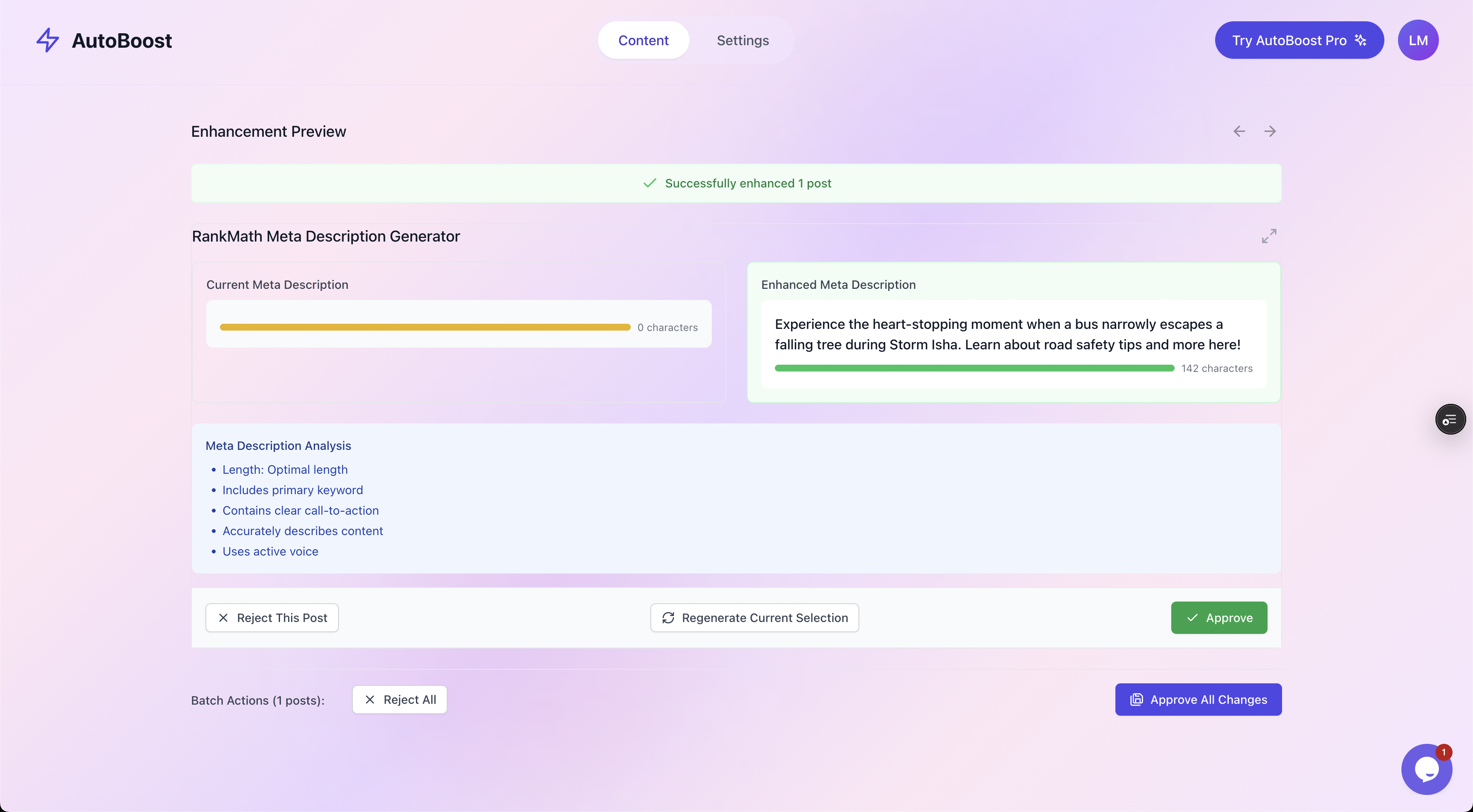 RankMath meta description generator showing current versus enhanced description with a quality checklist and Approve or Reject buttons
