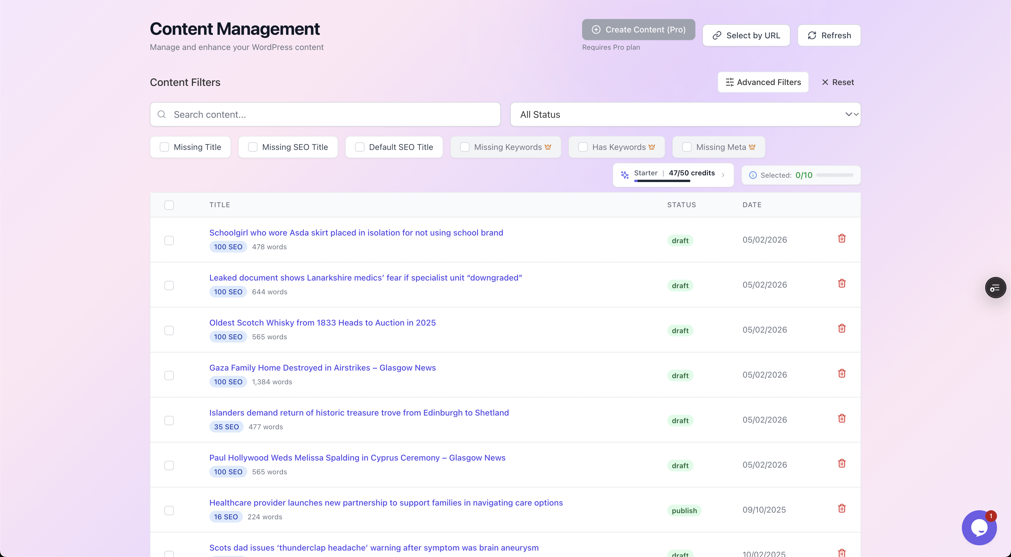 Content Management view with filter chips for Missing Title, Missing SEO Title, Missing Keywords and Missing Meta over a list of posts with SEO scores