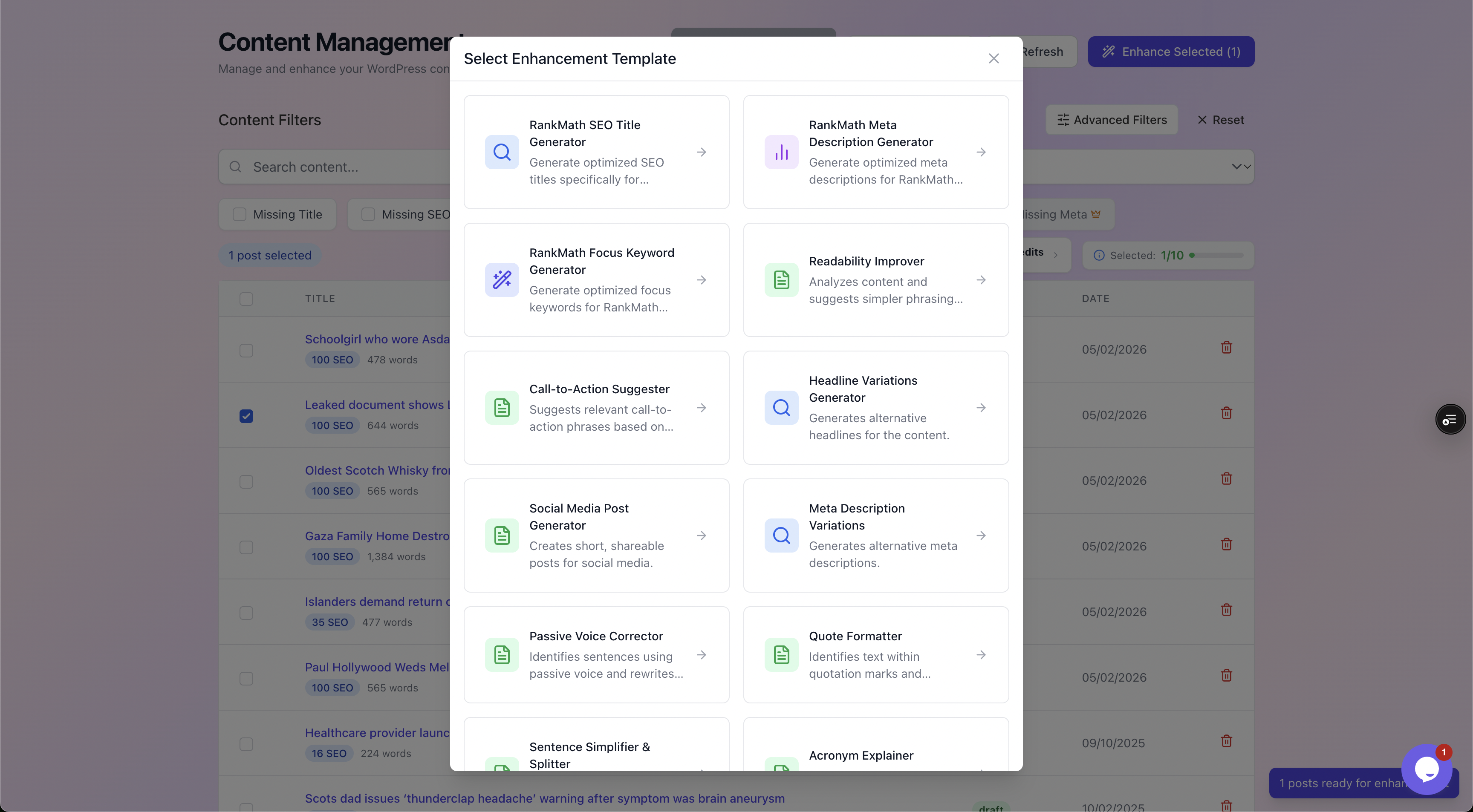 Select Enhancement Template modal showing generators for SEO title, meta description, focus keyword, readability, CTA suggester and headline variations