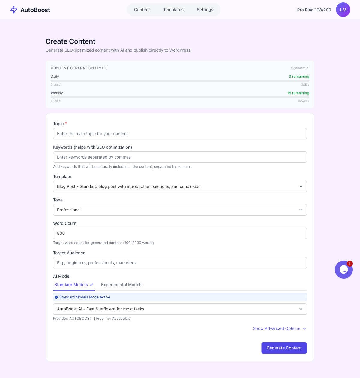 AutoBoost Create Content screen with fields for topic, keywords, template, tone, word count and audience
